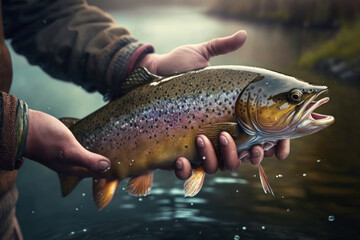 Obraz premium A fisherman holds a fish in his hands. Fishing concept, Generative AI