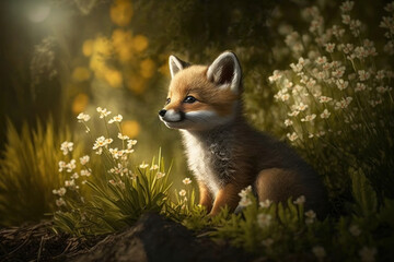 Red fox cubs in meadows with flowers,, Generative AI