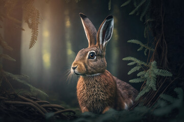 Close wild hare in nature habitat. Generative AI