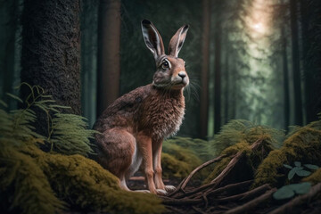 Close wild hare in nature habitat. Generative AI - obrazy, fototapety, plakaty