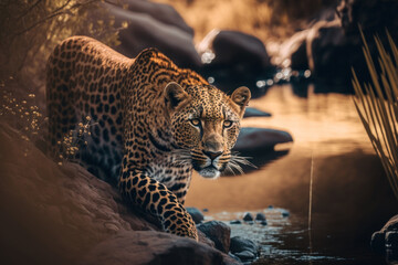 Leopard on savannah background, Generative AI
