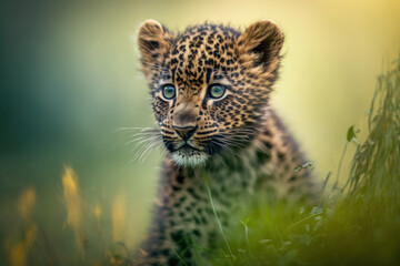 Fototapeta premium Baby leopard in spring green grass with flowers. Generative AI