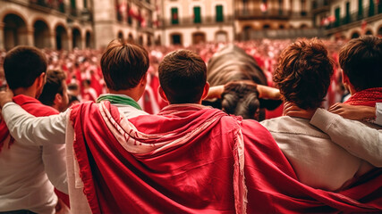 Fototapeta premium Group of young boys with red cape looking a bull in San Fermín. Generative AI