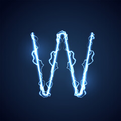 Blue lightning style letter or alphabet W. lightning and thunder bolt or electric font, glow and sparkle effect on blue background. vector design.