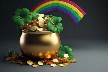 St patrick day illustration. Pot, gold coins, clovers and rainbow. Generative AI
