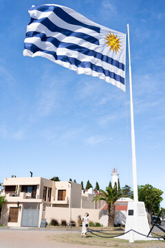 La muchacha est&aacute; mirando la bandera del Uruguay ondeando.