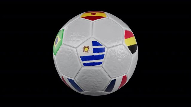 World Flags 3D Soccer Ball with Leather Material Rotating on Transparent Background - Alpha Channel and Loop