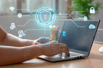 Man using secure digital encryption technology, cybersecurity data protection privacy.