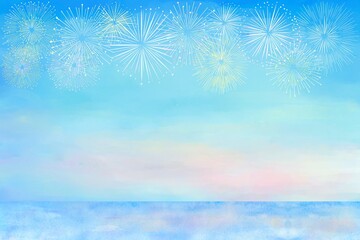 Fototapeta na wymiar 夕焼け空の花火と海の綺麗なフレーム。おしゃれな水彩タッチの背景素材。