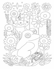 Frog black and white line art for coloring book interior 