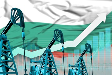 rising up chart on Bulgaria flag background - industrial illustration of Bulgaria oil industry or market concept. 3D Illustration