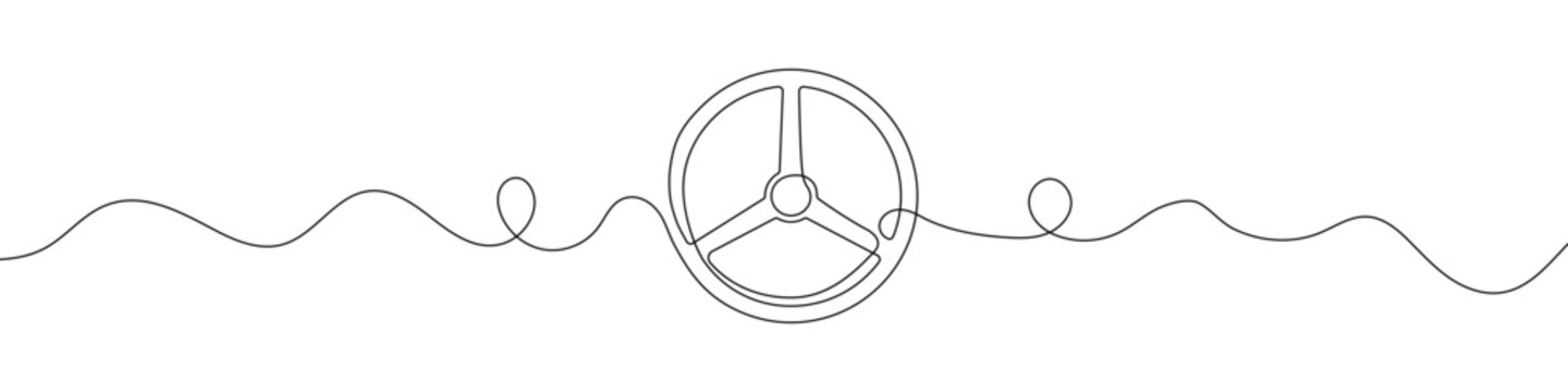 Steering wheel symbol in continuous line drawing style. Line art of steering wheel icon.