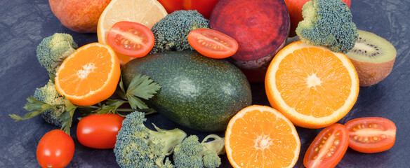 Natural fruits with vegetables containing minerals and vitamins, healthy lifestyles concept
