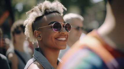 Happy African American woman with painted hair at gay pride parade. Pride month celebration, LGBTQ rainbow flag. Generative Ai. - obrazy, fototapety, plakaty