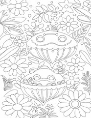 Cute floral Frog  line art for coloring book interior 