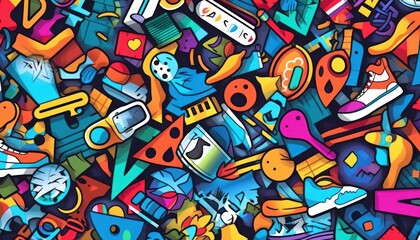 Fototapeta premium Doodle Art Seamless Pattern, Fashion Textile, Sport clothes, Street Art Graffiti Style Background. Generative Ai