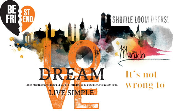 colorful lettering and city skyline print pattern
