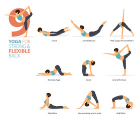 9 Yoga poses or asana posture for workout in Strong & flexible back concept. Women exercising for body stretching. Fitness infographic. Flat cartoon vector.