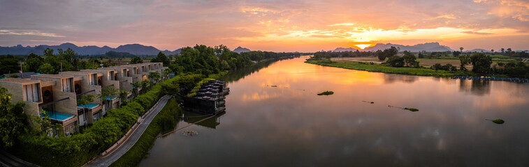 Aerial view of River Kwai and floating houses in Kanchanaburi province, Thailand