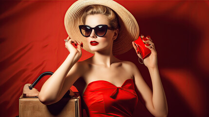 Fototapeta na wymiar Model in red dress, sunglasses and hat on red background, classic fashion ai illustration 