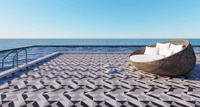 Beach house, Hotel Resort in only poolside and chairs looking out, swimming pool close to the sea and sky, perfect for relaxing. luxury interior 3d rendering with sea view.	