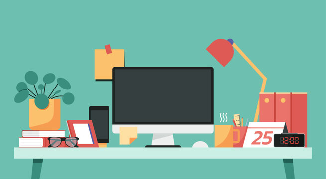 home office workspace concept, blank screen desktop computer on table with phone, cup, pencil holder, lamp, picture frame, book, digital clock and plant on desk, vector flat illustration