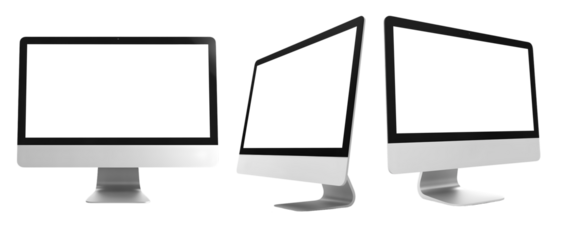 Modern desktop computer on transparent background cutout, PNG file. Mockup template for artwork design. perspective positions many different angle
