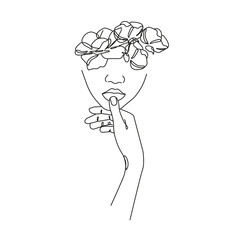 Woman Abstract Face with Flowers One Line Drawing. Female Portrait Minimalist Style. Botanical Print. Nature Trendy Symbol for Cosmetics. Continuous Line Art Fashion Minimal Print. Beauty Logo. Vector
