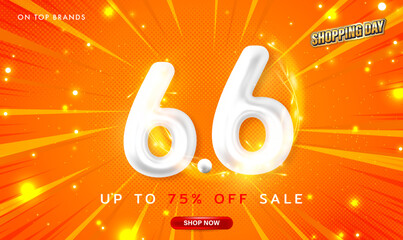 6.6 Online super sale banner template on orange background. Campaign Special Offer Up To 75%. Vector 6 June Special Offer Illustration for for Ads, social media, Shopping online. Vector illustration.
