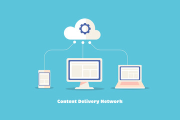 Content delivery network with cloud server, distributing content to multiple digital devices, vector illustration technology concept web banner.