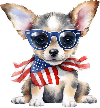 4th of July Dog Watercolor with American Flag scarf and Sunglasses, Patriotic Dog, Independence Day, Generative AI