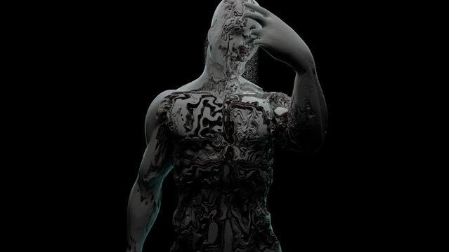 Depressive personality crumbles from the inside, 3D concept. The figure of a man on a black background takes his head and experiences erosion of the body