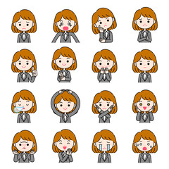 色々な表情と身振りのスーツ姿の女性のイラスト