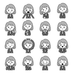 色々な表情と身振りのスーツ姿の女性のイラスト　モノクロ