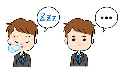 吹き出し付きのスーツ姿の男性の睡眠と沈黙の表現イラスト