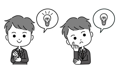吹き出し付きのスーツ姿の男性のひらめき表現イラスト　モノクロ