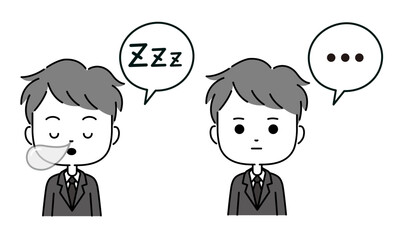 吹き出し付きのスーツ姿の男性の睡眠と沈黙の表現イラスト　モノクロ