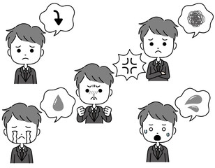 吹き出し付きのスーツ姿の男性のネガティブな感情表現イラスト　モノクロ
