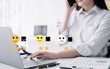 Happy Client customer experience concept. Woman recording phone inquiry with checkboxes, smiling...