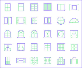 Fototapeta premium Simple Set of window Related Vector Line Icons. Vector collection of open, close, curtain, French door, glass and design elements symbols or logo element.