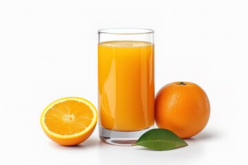 A glass of orange juice with sliced orange isolated on white background. Created with Generative AI Technology