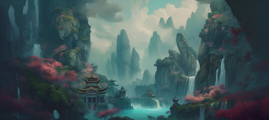 A multi-level waterfall nestled in a valley with ancient Chinese architecture styled buildings, Generative AI 