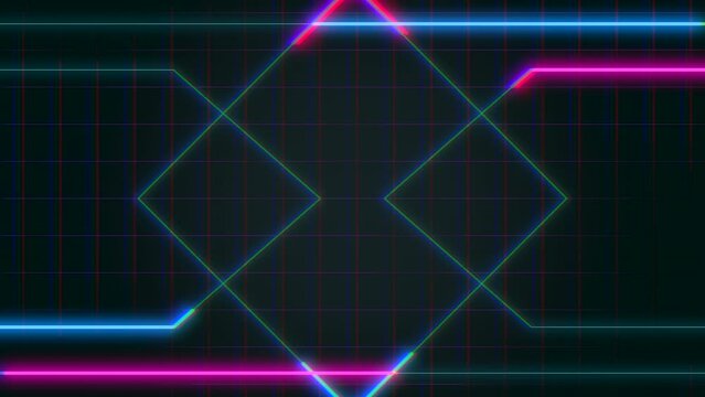 Digital computer screen with neon led lines and grid, motion abstract corporate, cyber, futuristic and retro style background
