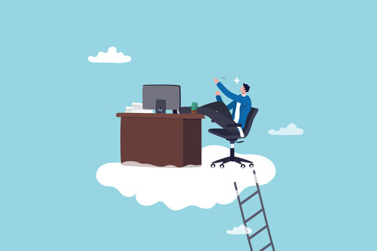 Dream job or ideal work, perfect workplace or career success, opportunity for best job, promotion or aspiration concept, success businessman working dream job on his desk on the cloud with ladder.