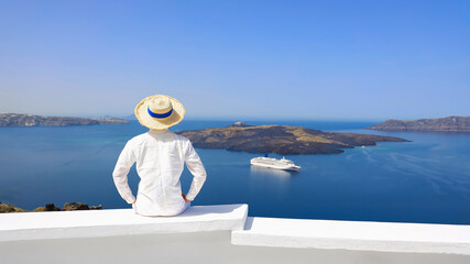Summer blue trend with young man in hat at happy freedom lifestyle in Aegean sea mediterranean at...