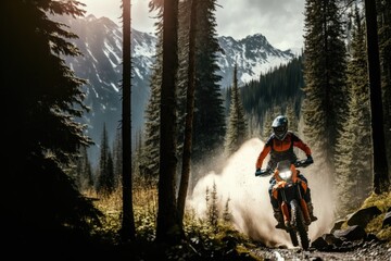 Extreme Sports in Nature:a person riding a orange motorcycle into the forest. Generative AI.