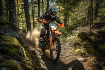 Extreme Sports in Nature:a person riding a orange motorcycle into the forest. Generative AI.