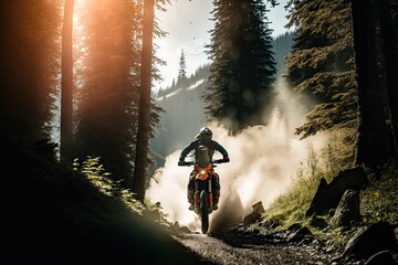 Extreme Sports in Nature:a person riding a orange motorcycle into the forest. Generative AI.
