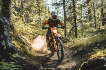 Fototapeta premium Extreme Sports in Nature:a person riding a orange motorcycle into the forest. Generative AI.
