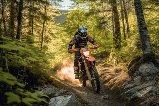 Extreme Sports in Nature:a person riding a orange motorcycle into the forest. Generative AI.
